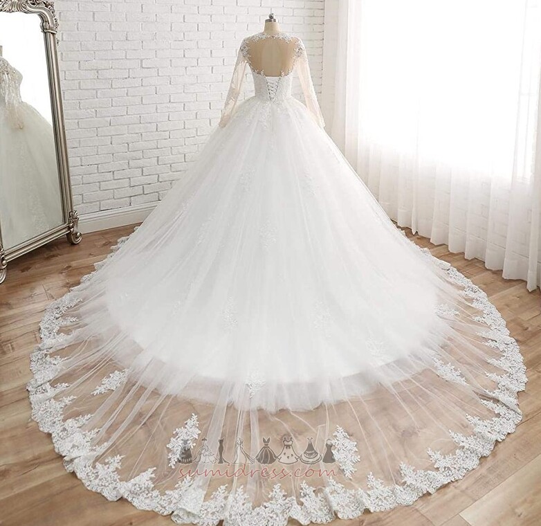 Illusion Sleeves Sweep Train Outdoor Formal Long Sleeves Lace Wedding Dress