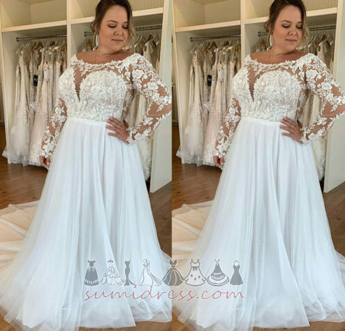 Illusion Sleeves Tulle Elegant Natural Waist Bateau Long Sleeves Wedding skirt