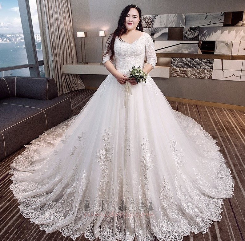 Inverted Triangle 3/4 Length Sleeves Hall T-shirt Lace Binding Wedding gown