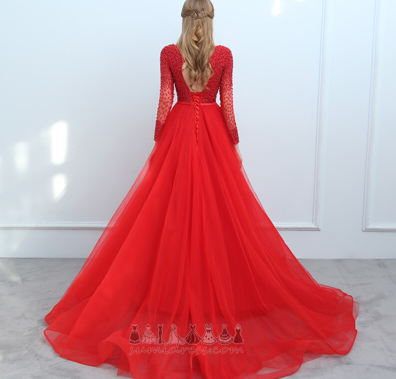 Inverted Triangle Jewel Bodice String Illusion Sleeves Formal A-Line Evening Dress