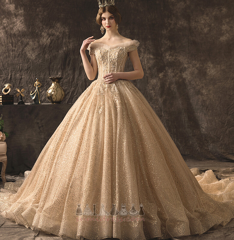 Inverted Triangle Natural Waist Starry Cathedral Train Short Sleeves Wedding Dress