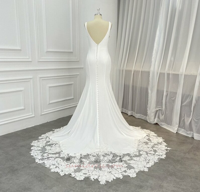 Елегантен цип нагоре метене влак Сатен дълго Природен кръста сватбена рокля