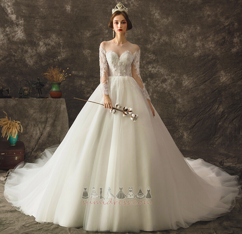 Елегантний падати довгі рукави лінія Церква Босоніжки Весільна сукня