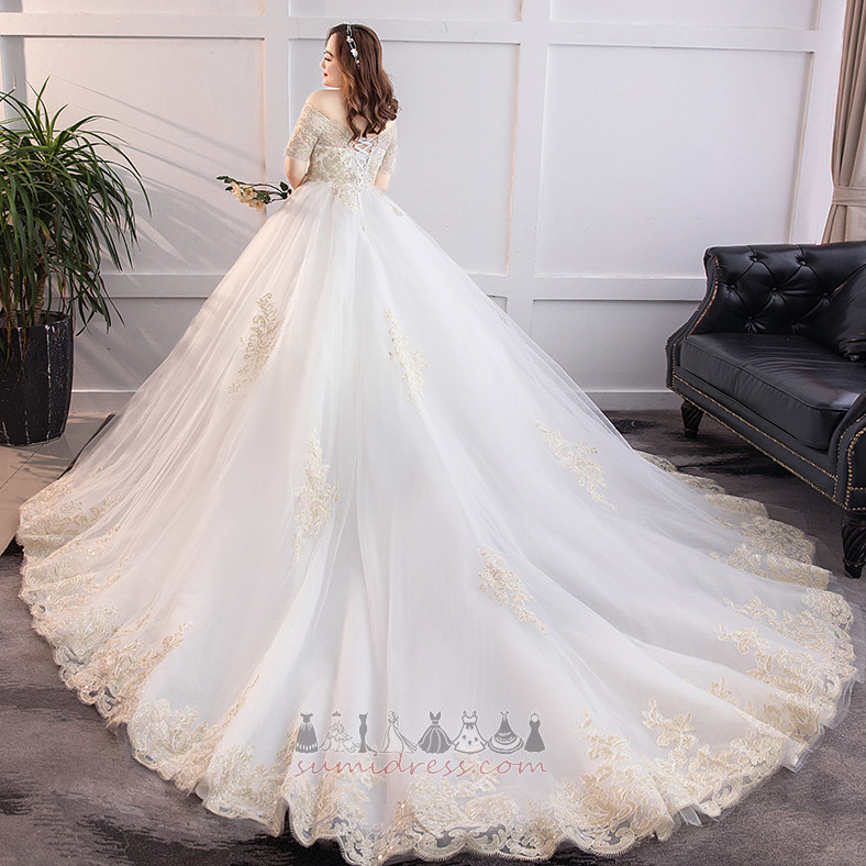Елегантний вишивка Мереживо Overlay Довго З плеча мереживо Весільна сукня