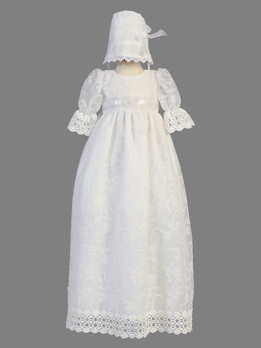 Jewel 3/4 Length Sleeves Flowers High Covered Formal Lantern Christening Dress