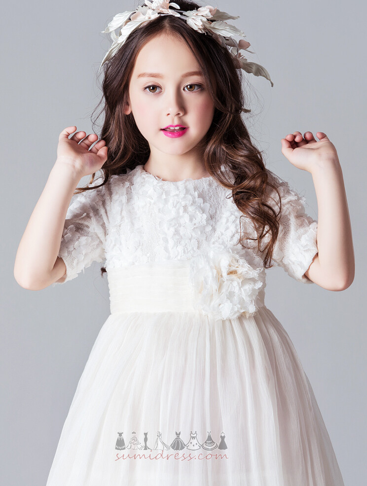Jewel A-Line Natural Waist Ankle Length Short Sleeves Chiffon Flower Girl Dress