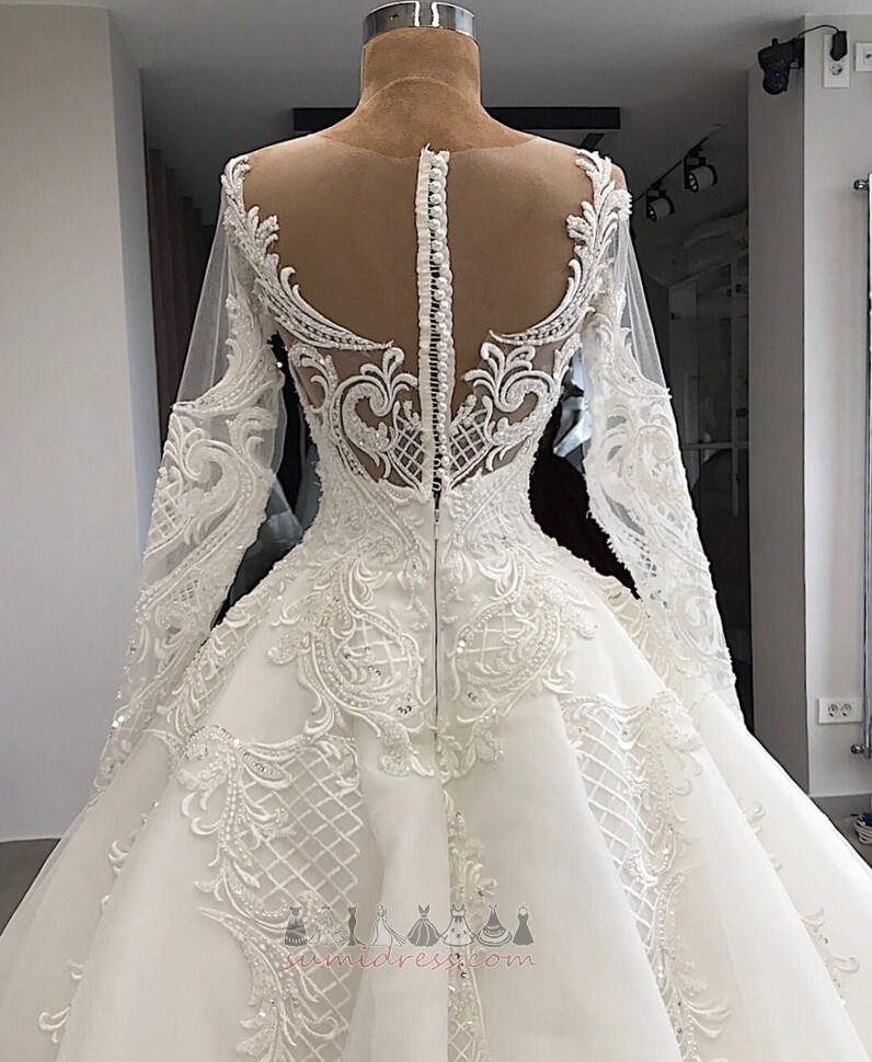 Jewel A-Line Outdoor Cathedral Train Lace Overlay Pear Wedding Dress