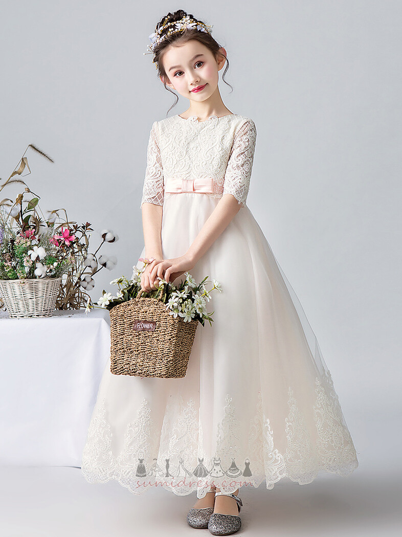 Jewel Accented Bow Illusion Sleeves A Line Short Sleeves Tulle Communion Dress