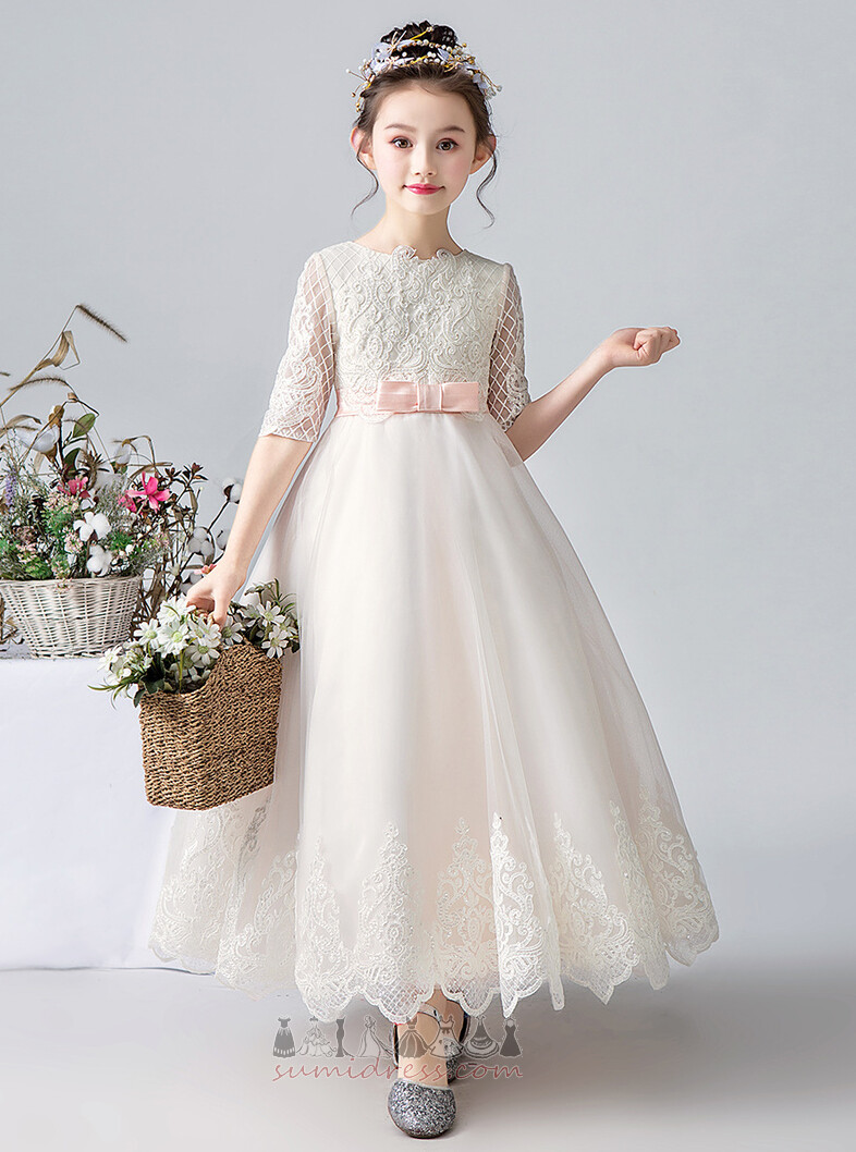 Jewel Accented Bow Illusion Sleeves A Line Short Sleeves Tulle Communion Dress