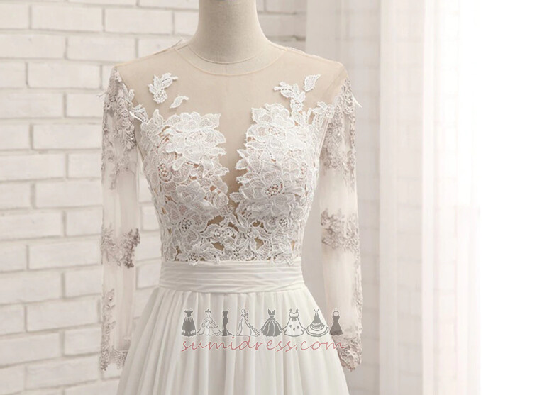 Jewel Applique Chiffon Sweep Train Illusion Sleeves Long Sleeves Wedding Dress