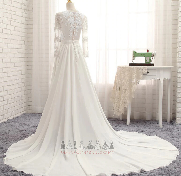 Jewel Applique Chiffon Sweep Train Illusion Sleeves Long Sleeves Wedding Dress