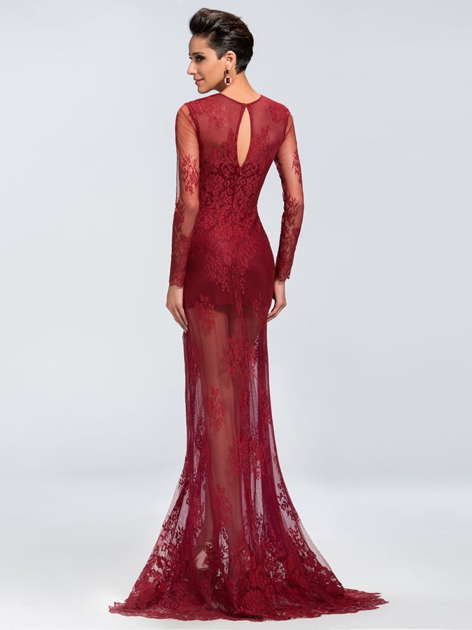 Jewel Applique Floor Length Lace See Through Summer Evening Dress