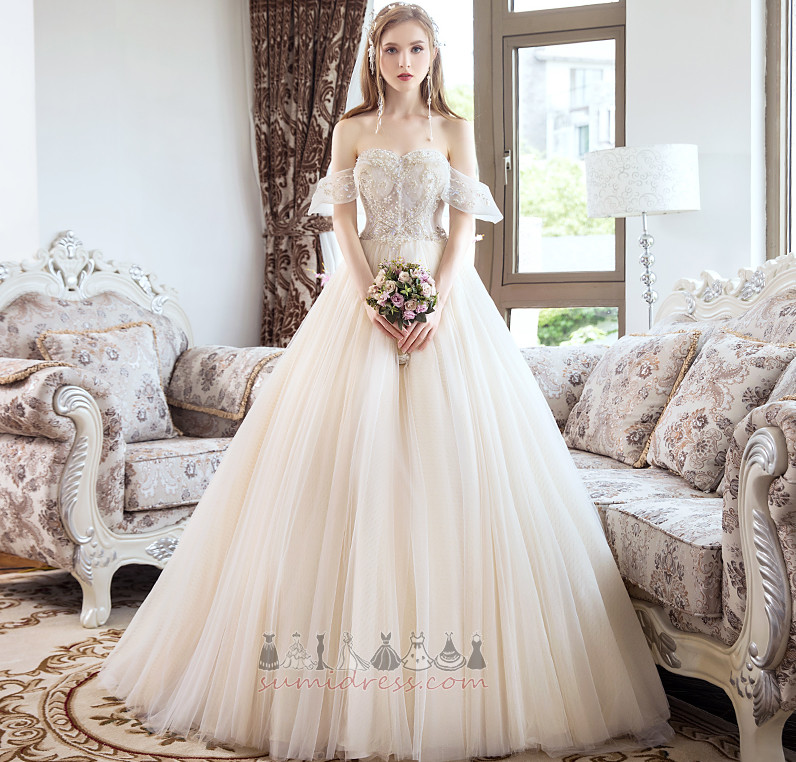 Jewel Bodice Court Train Floor Length Off Shoulder Tulle Binding Wedding Dress