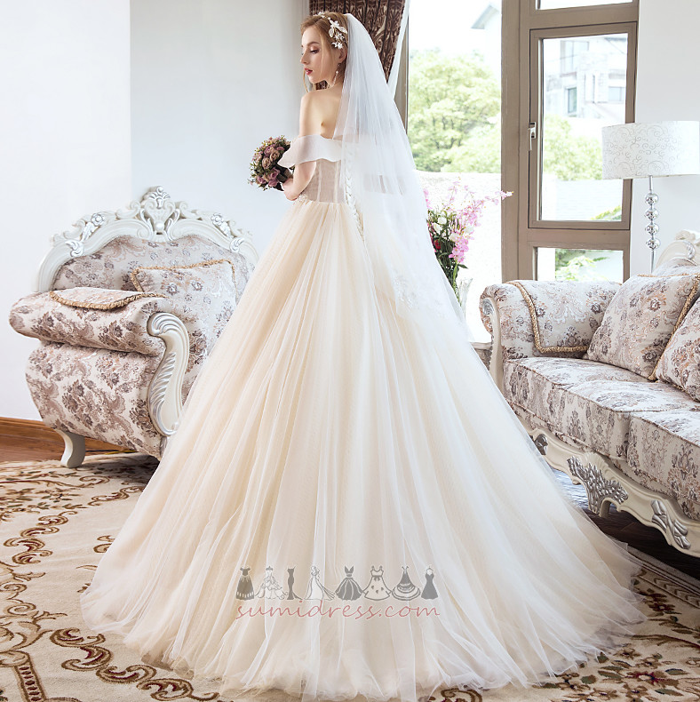 Jewel Bodice Court Train Floor Length Off Shoulder Tulle Binding Wedding Dress