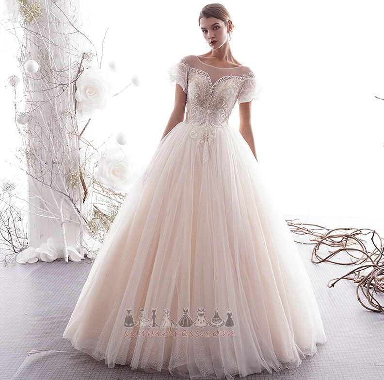 Jewel Bodice Elegant Short Sleeves Off Shoulder A-Line Floor Length Wedding Dress