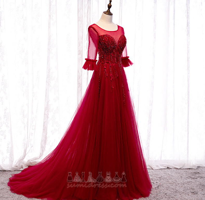 Jewel Bodice Long Long Sleeves Sweep Train Tulle A-Line Evening Dress