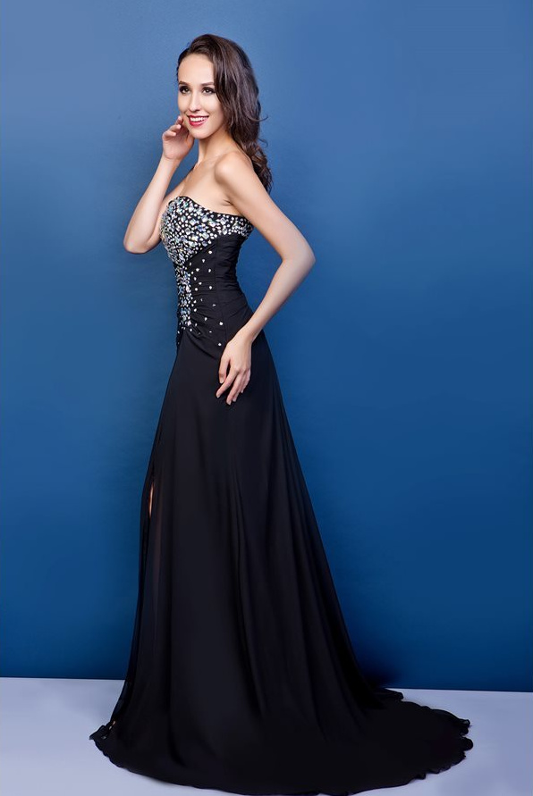 Jewel Bodice Long Strapless Split Front A-Line Backless Evening Dress