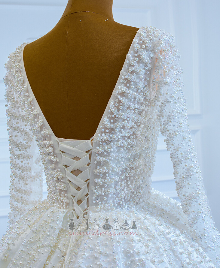 Jewel Bodice Satin Long Sleeves Church V-Neck Long Wedding Dress