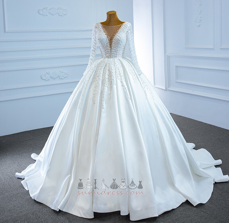 Jewel Bodice Satin Long Sleeves Church V-Neck Long Wedding Dress