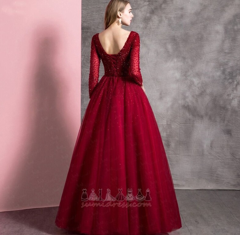 Jewel Bodice Tulle A-Line 3/4 Length Sleeves Illusion Sleeves Prom Dress