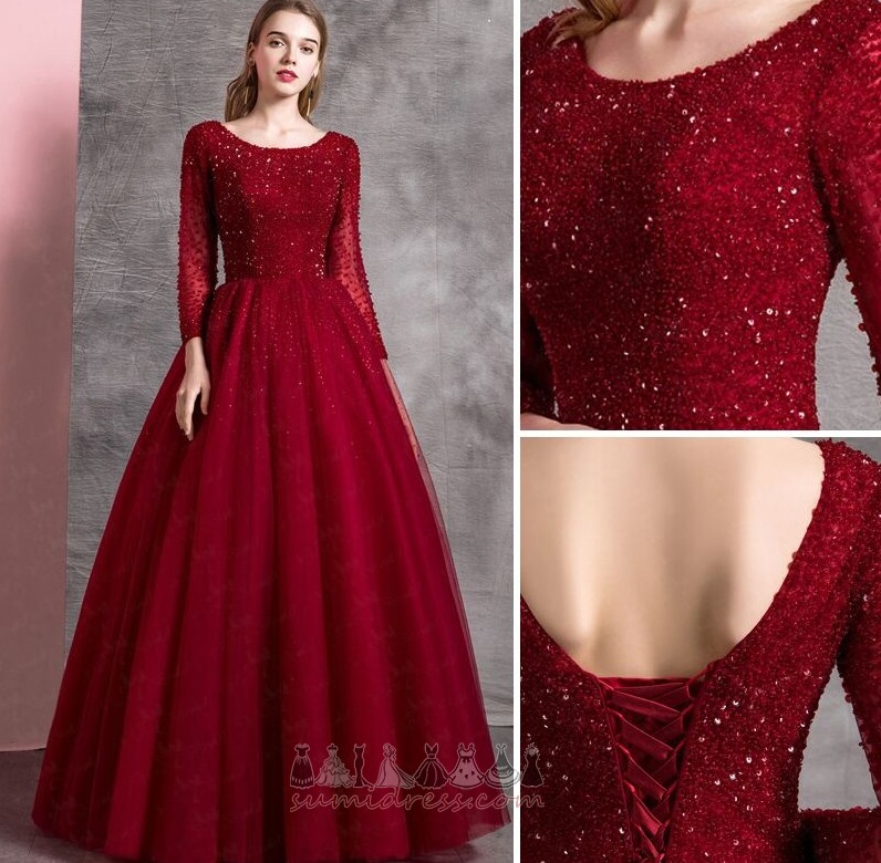 Jewel Bodice Tulle A-Line 3/4 Length Sleeves Illusion Sleeves Prom Dress