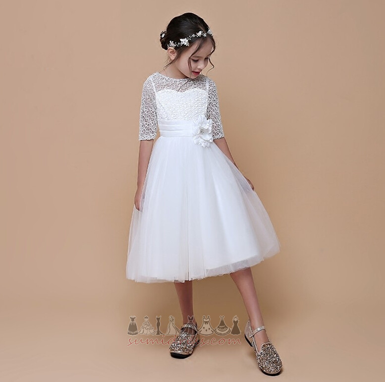 Jewel Illusion Sleeves Tea Length A Line Lace Ceremony Flower Girl Dress