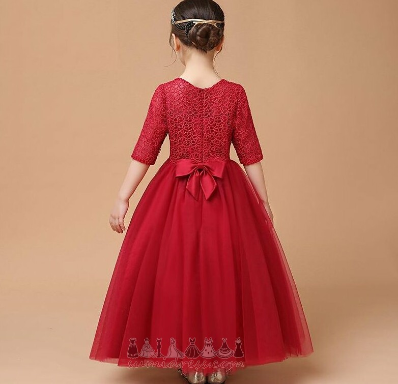 Jewel Illusion Sleeves Tea Length A Line Lace Ceremony Flower Girl Dress