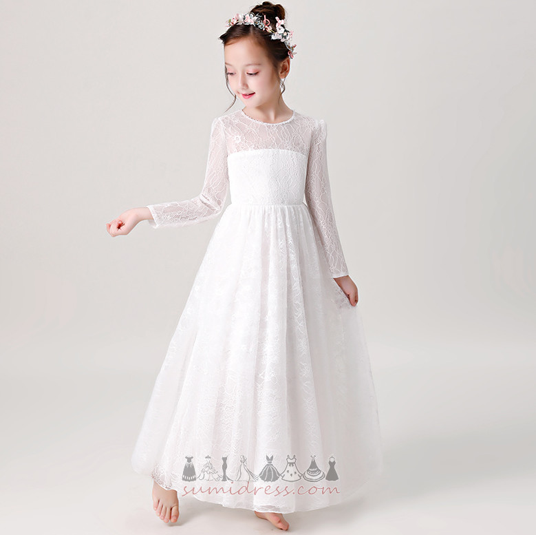 Jewel Lace Medium Illusion Sleeves Natural Waist Satin Flower Girl Dress