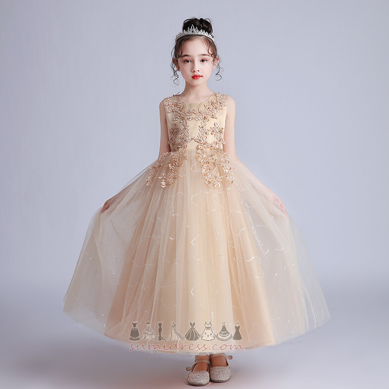 Jewel Medium Formal Long Bow Tulle Flower Girl Dress