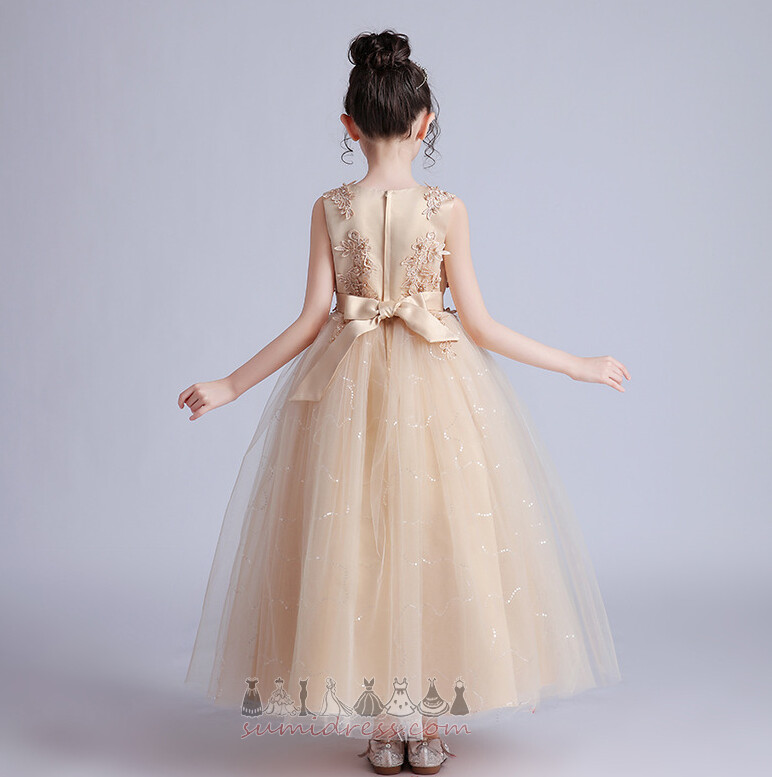 Jewel Medium Formal Long Bow Tulle Flower Girl Dress