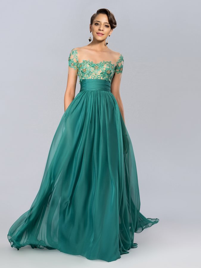 Jewel Natural Waist Floor Length Zipper Up Party Illusion Sleeves Evening gown