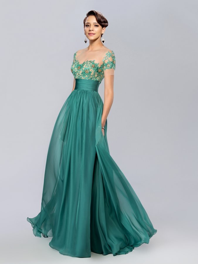 Jewel Natural Waist Floor Length Zipper Up Party Illusion Sleeves Evening gown