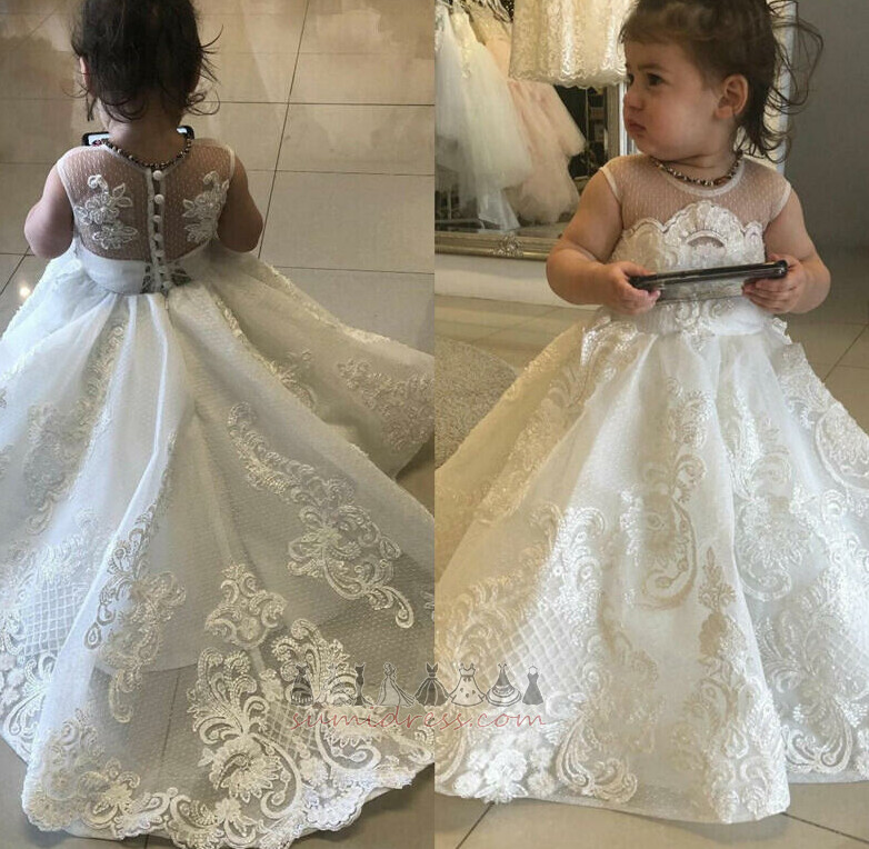 Jewel Sheer Back Lace Overlay Party Natural Waist Lace Flower Girl Dress