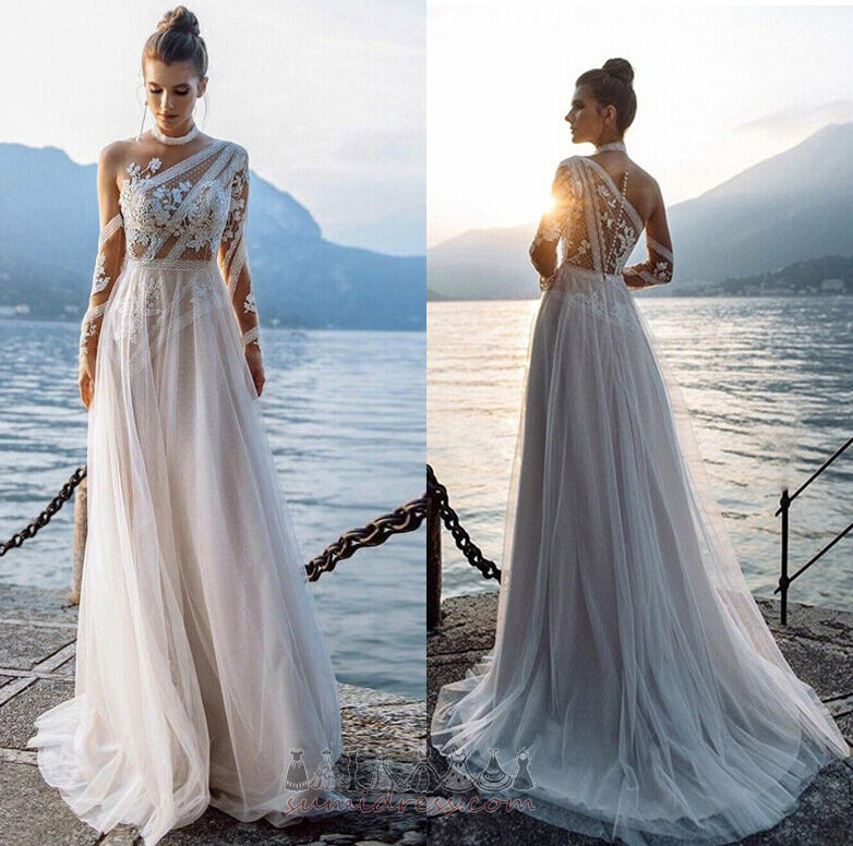 Jewel Sheer Back Medium Long Tulle A-Line Wedding Dress