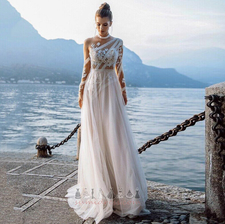 Jewel Sheer Back Medium Long Tulle A-Line Wedding Dress