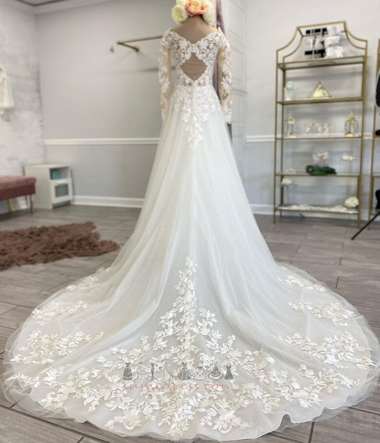 Keyhole Back Deep v-Neck Lace Overlay A-Line Long Elegant Wedding Dress