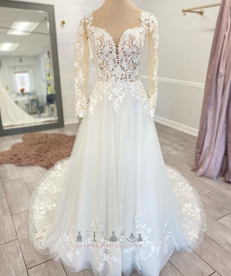 Keyhole Back Deep v-Neck Lace Overlay A-Line Long Elegant Wedding Dress