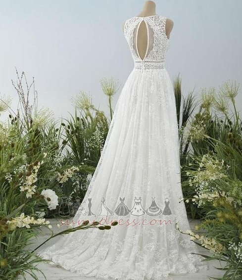 Keyhole Back Natural Waist Sleeveless Sweep Train Simple Lace Wedding Dress