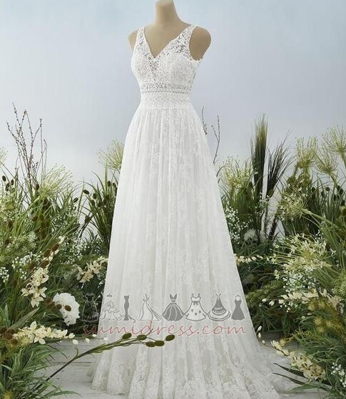 Keyhole Back Natural Waist Sleeveless Sweep Train Simple Lace Wedding Dress