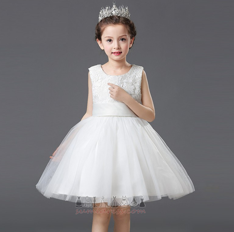 Knee Length Bow A-Line Jewel Accented Bow Tulle Flower Girl Dress