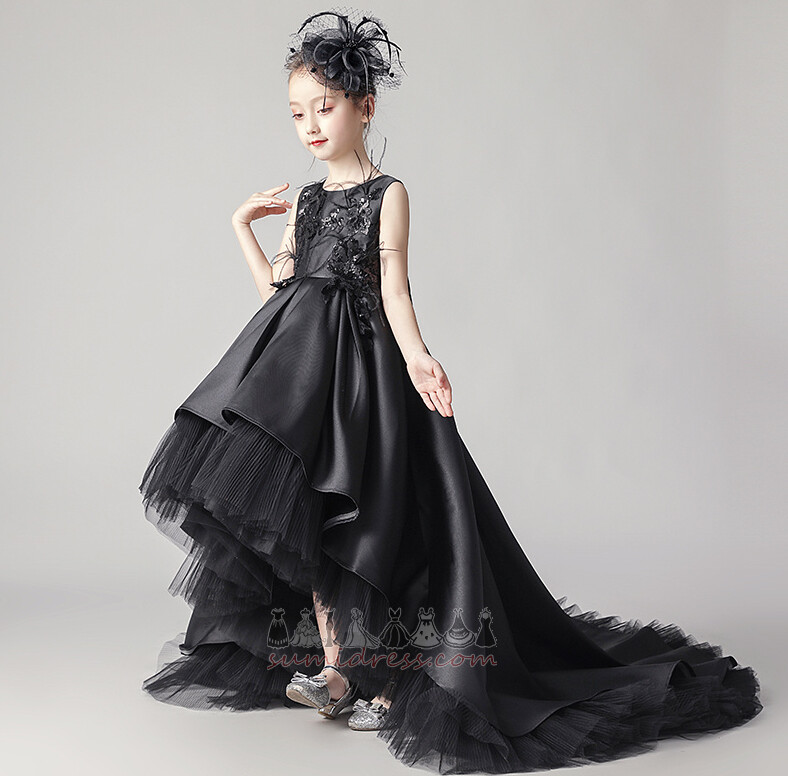 Kolsuz Asimetrik Yüksek kapalı Bol dökümlü Aksanlı yay Saten Çiçek kız elbise
