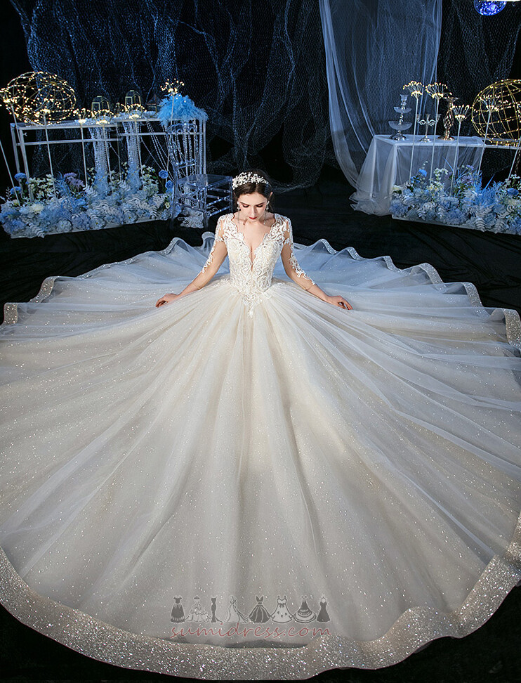 Kolsuz Bahar Hall Derin v yaka Doğal belden Bir çizgi Düğün Elbise