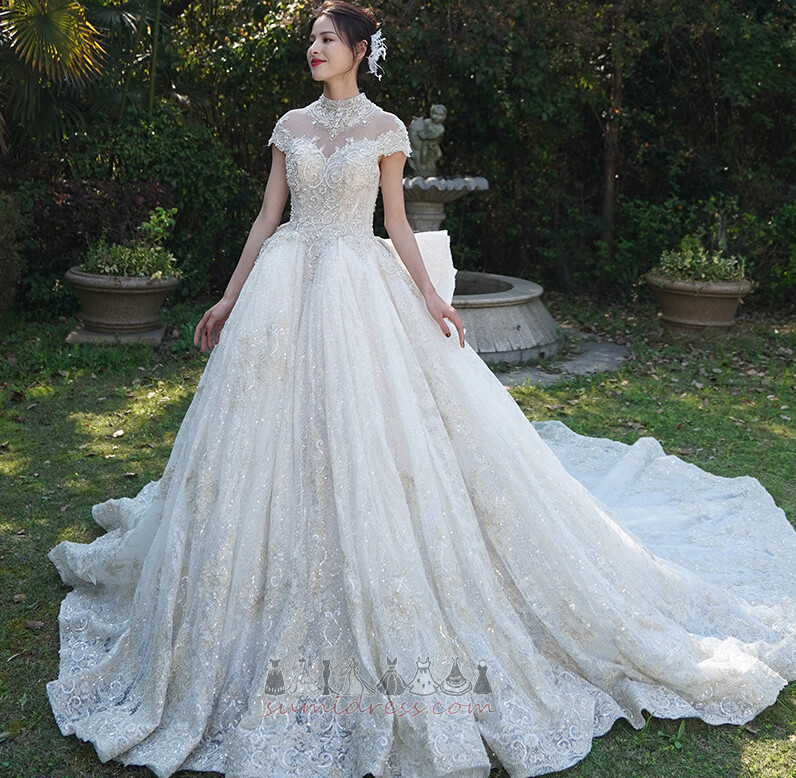короткі рукави зал висока шия блискавка вгору весна лінія Весільна сукня