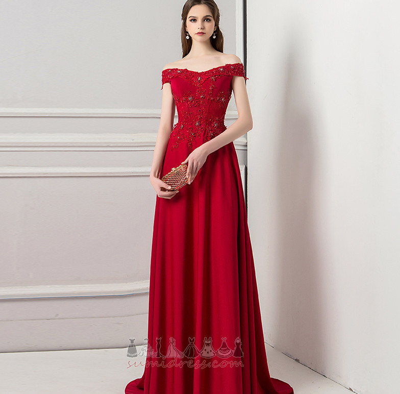 Krajkou Overlay Off-The-rameno Elegantní Dlouhý Střední pasu A-Line Večerní šaty