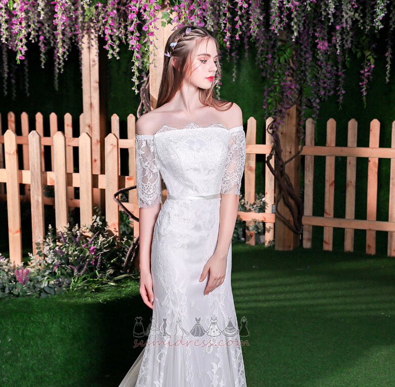 Krátký rukáv Off-The-rameno Elegantní Mořská panna Krajkou Overlay Léto Svatební šaty