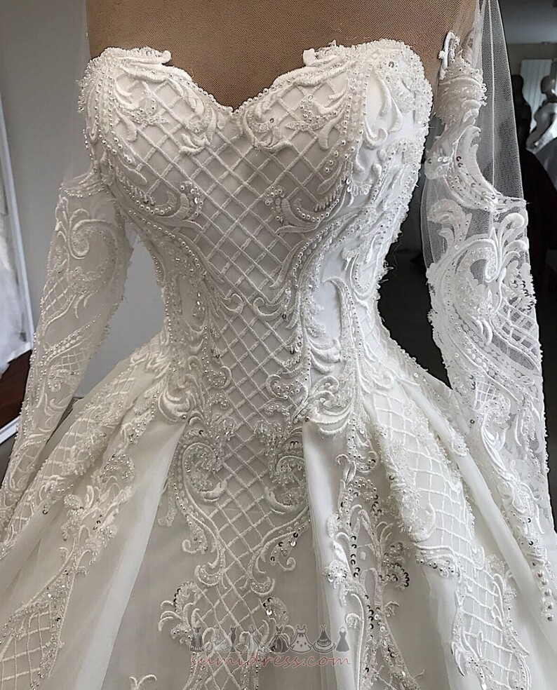 La robe de mariage Couvert de Dentelle Traîne Cathédrale Poire Bijou A-ligne En Plein Air