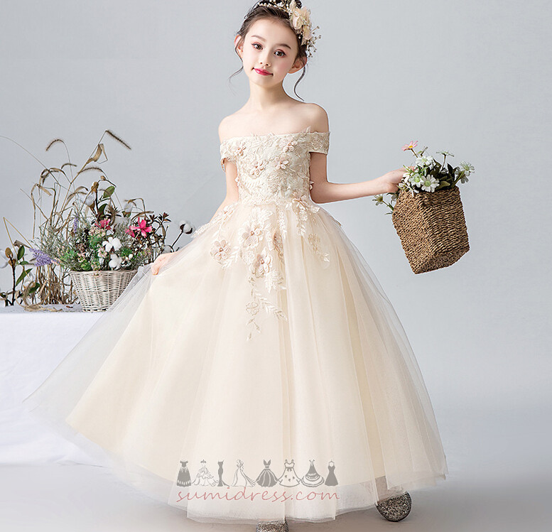 Lace A-Line Off Shoulder Capped Sleeves Swing Accented Rosette Communion Dress