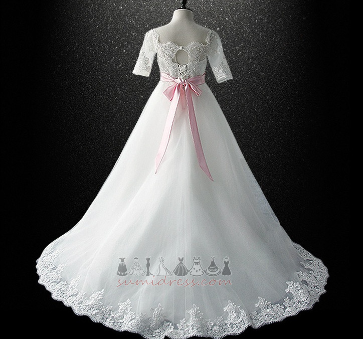 Lace Accented Bow Binding Floor Length Illusion Sleeves Medium Flower Girl Dress