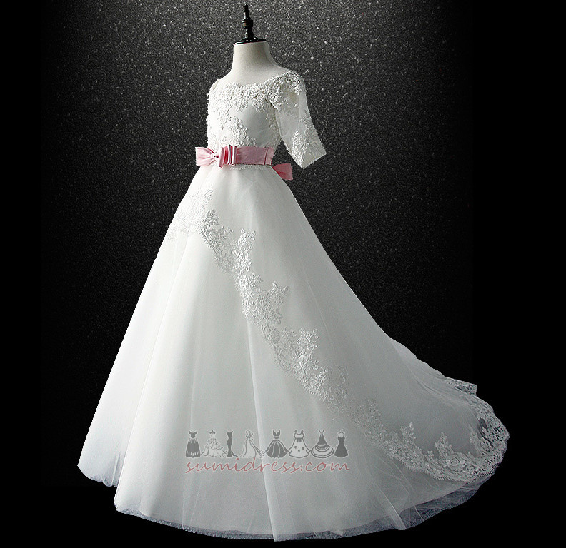 Lace Accented Bow Binding Floor Length Illusion Sleeves Medium Flower Girl Dress