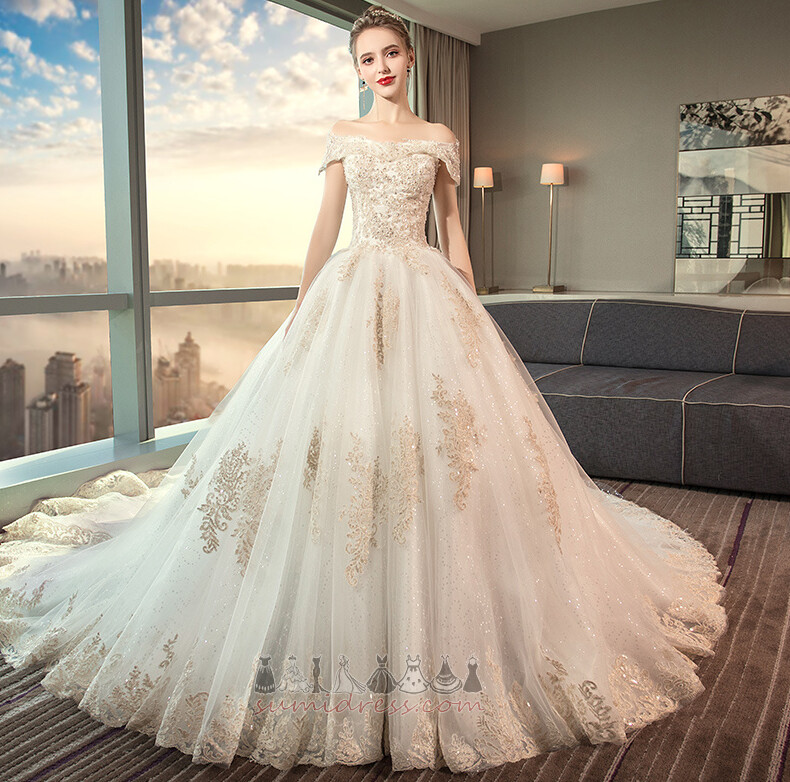 Lace Capped Sleeves A-Line Off Shoulder Church Long Wedding Dress